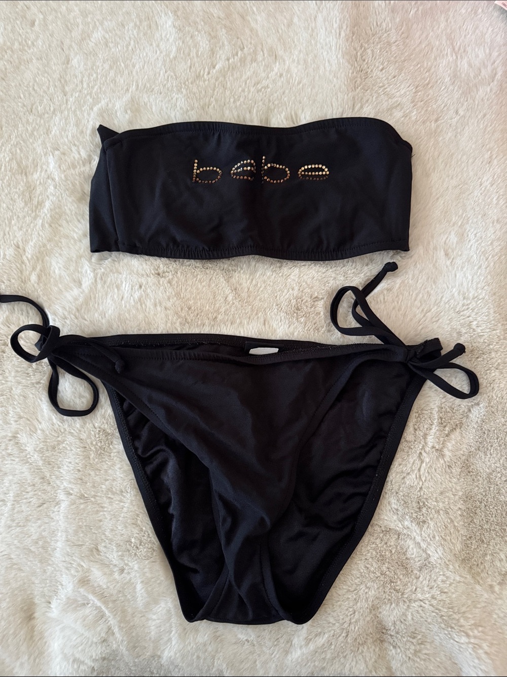 bebe Black Bandeau Bikini with Rhinestone Logo
